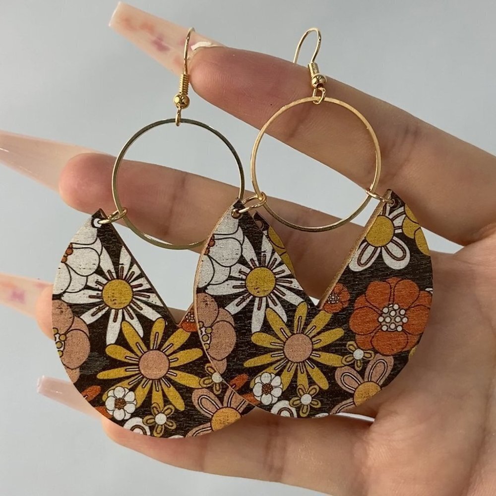 Brown and Orange Floral Lightweight Bohemian Statement Earrings